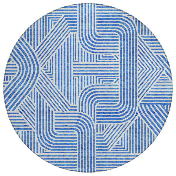 8' Blue And Ivory Round Abstract Washable Indoor Outdoor Area Rug