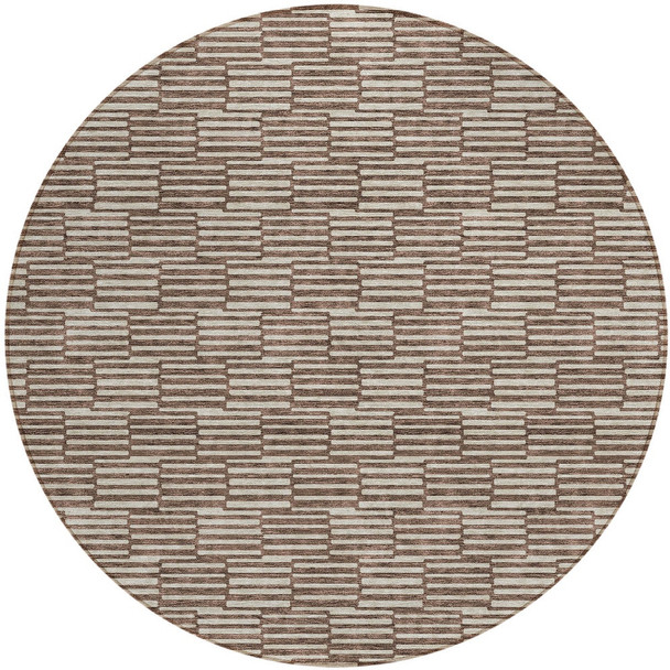 8' Brown And Beige Round Geometric Washable Indoor Outdoor Area Rug