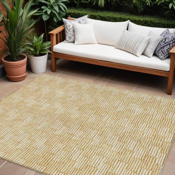 9' X 12' Gold And Beige Geometric Washable Indoor Outdoor Area Rug