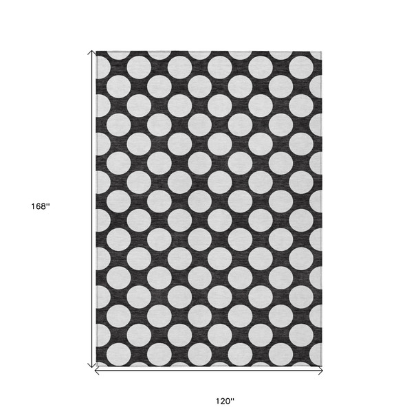 10' X 14' Black And Ivory Polka Dot Washable Indoor Outdoor Area Rug