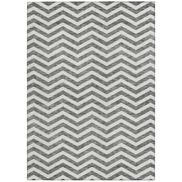 9' X 12' Gray And Ivory Chevron Washable Indoor Outdoor Area Rug