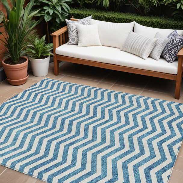 10' X 14' Teal Blue And Ivory Chevron Washable Indoor Outdoor Area Rug