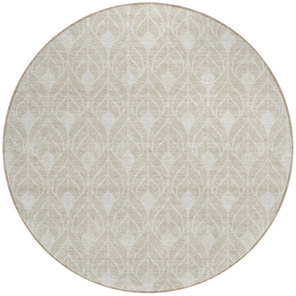 8' Beige And Ivory Round Geometric Washable Indoor Outdoor Area Rug