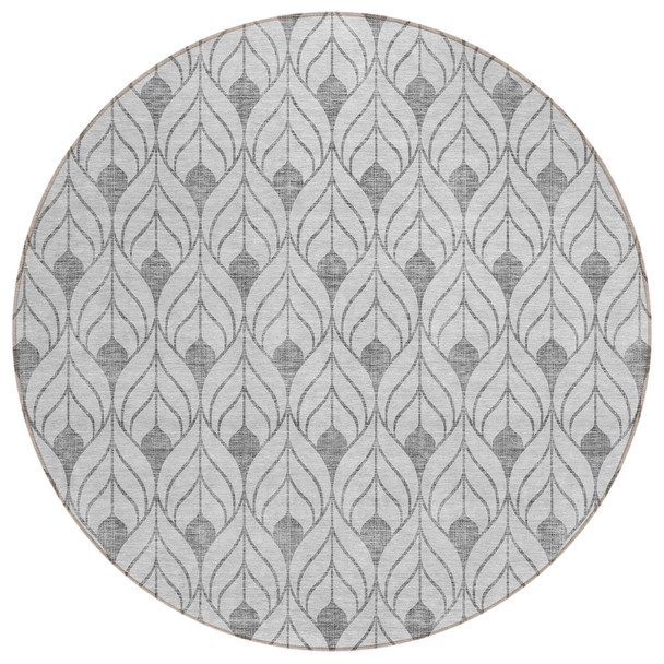 8' Silver And Gray Round Geometric Washable Indoor Outdoor Area Rug