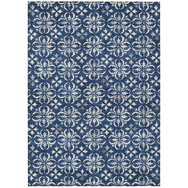 5' X 8' Navy Blue And Ivory Floral Washable Indoor Outdoor Area Rug