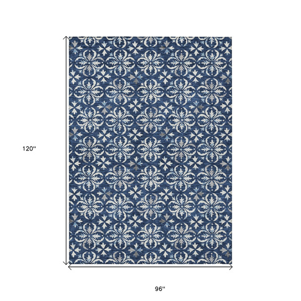 8' X 10' Navy Blue And Ivory Floral Washable Indoor Outdoor Area Rug