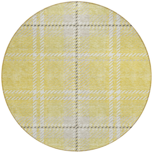 8' Yellow Black And Ivory Round Plaid Washable Indoor Outdoor Area Rug