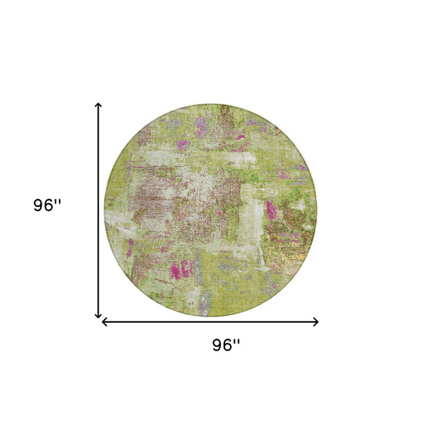 8' Lime Green Ivory And Pink Round Abstract Washable Indoor Outdoor Area Rug