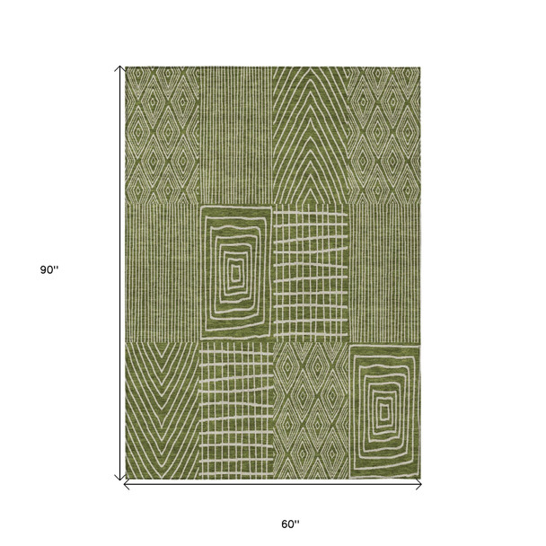 5' X 8' Olive Green And Beige Geometric Washable Indoor Outdoor Area Rug