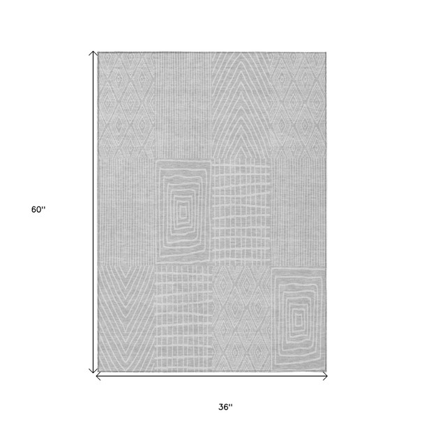 3' X 5' Silver And Ivory Geometric Washable Indoor Outdoor Area Rug