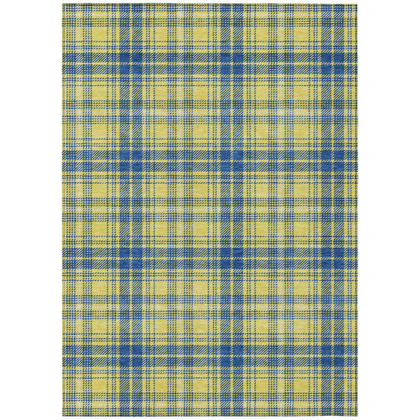 5' X 8' Yellow Blue And Ivory Plaid Washable Indoor Outdoor Area Rug