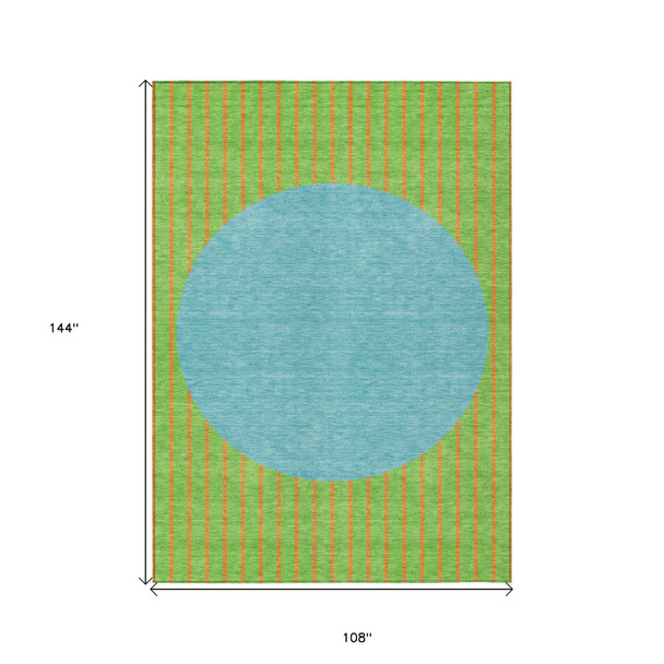 9' X 12' Lime Green And Blue Striped Washable Indoor Outdoor Area Rug