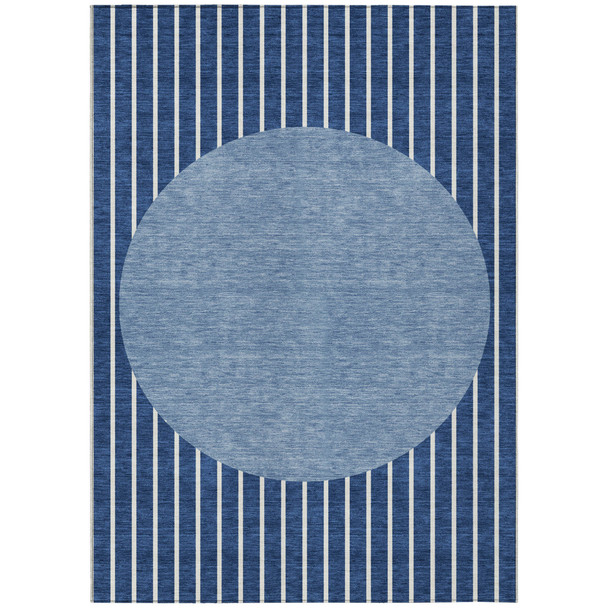5' X 8' Navy Blue And Gray Striped Washable Indoor Outdoor Area Rug