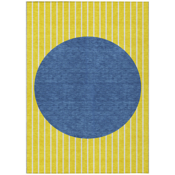10' X 14' Yellow And Blue Striped Washable Indoor Outdoor Area Rug