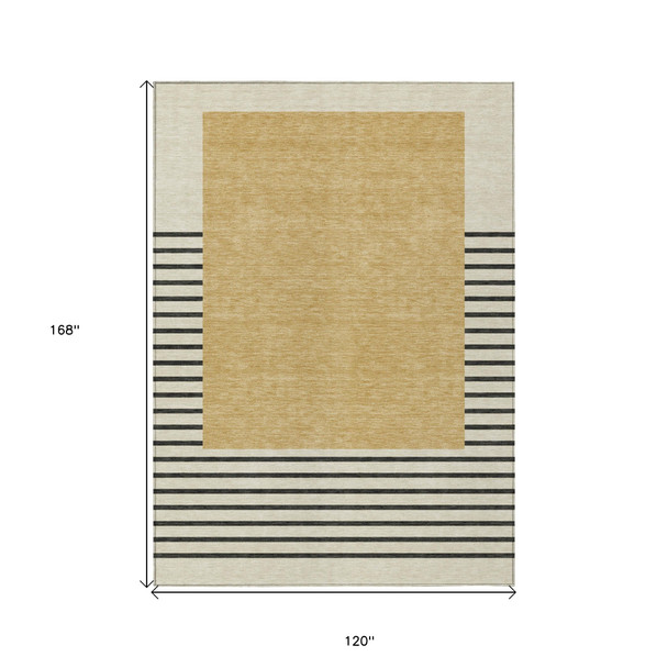 10' X 14' Gold Black And Beige Striped Washable Indoor Outdoor Area Rug