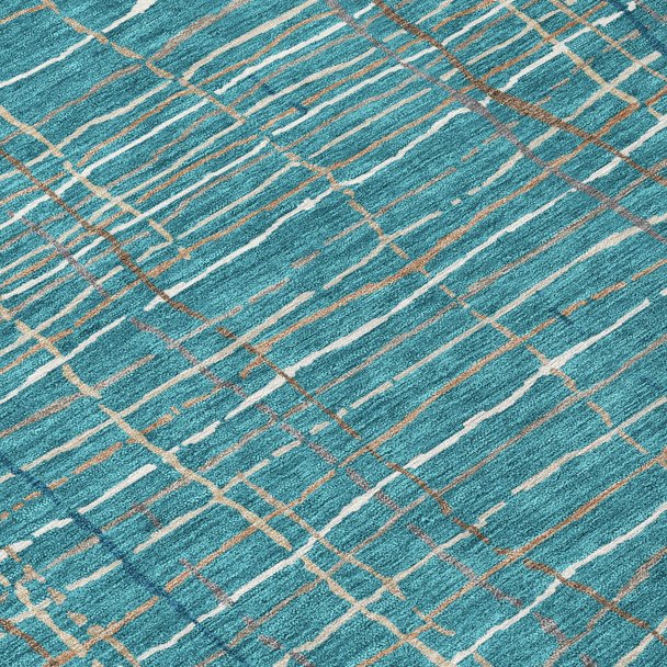 3' X 5' Teal Blue Gray And Brown Striped Washable Indoor Outdoor Area Rug