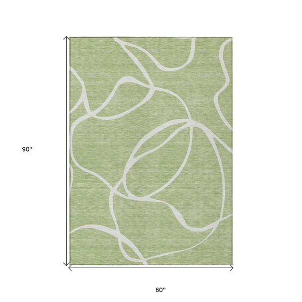 5' X 8' Artichoke Green And Ivory Abstract Washable Indoor Outdoor Area Rug