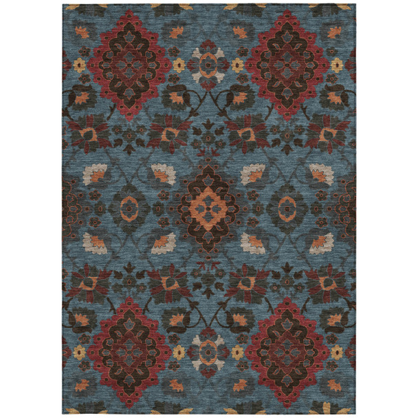 3' X 5' Denim Blue Brick Red And Brown Oriental Washable Indoor Outdoor Area Rug