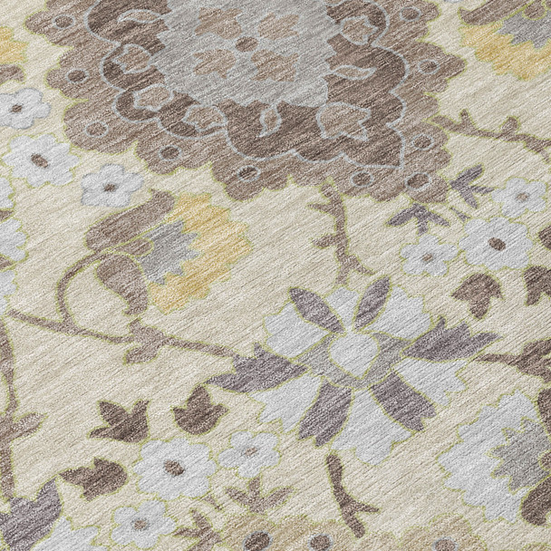 5' X 8' Ivory Brown And Green Oriental Washable Indoor Outdoor Area Rug