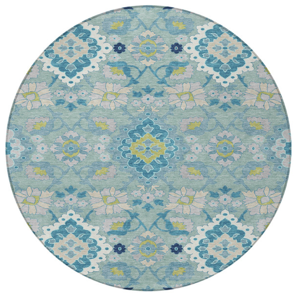 8' Teal Blue Green And Ivory Round Oriental Washable Indoor Outdoor Area Rug