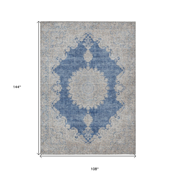 9' X 12' Navy Blue And Ivory Oriental Washable Indoor Outdoor Area Rug
