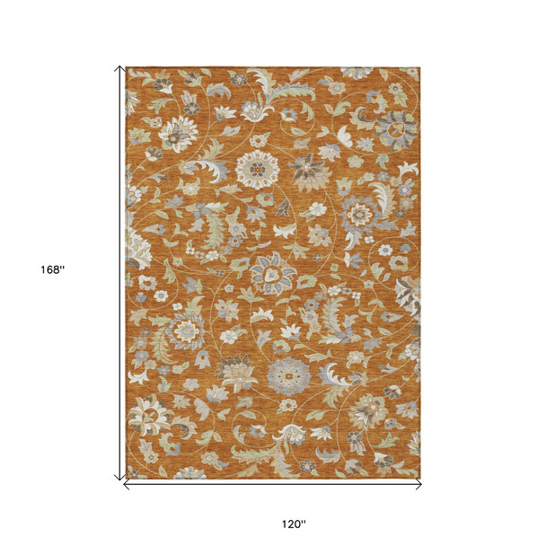 10' X 14' Copper Green And Gray Floral Washable Indoor Outdoor Area Rug