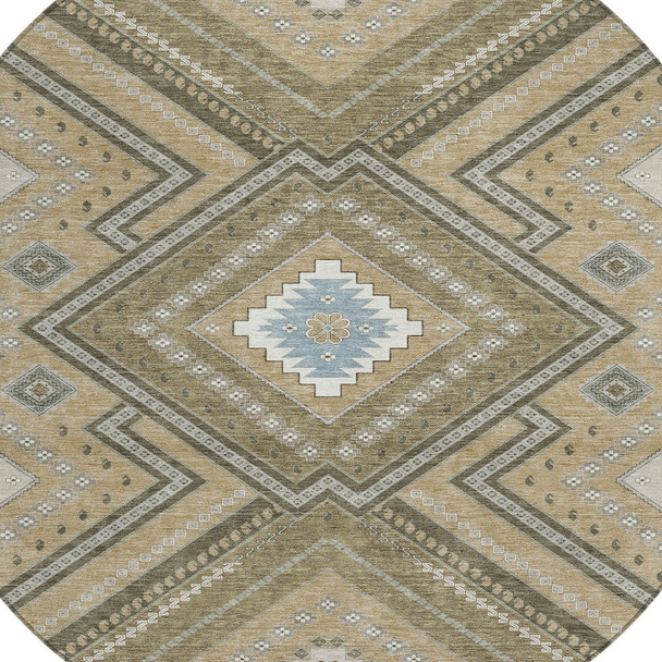 8' Beige Gray And Ivory Round Tribal Washable Indoor Outdoor Area Rug