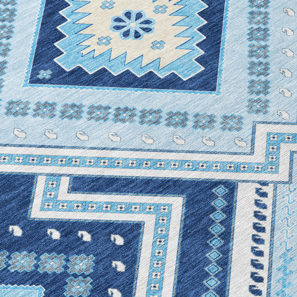 9' X 12' Navy Blue Aqua And Ivory Tribal Washable Indoor Outdoor Area Rug