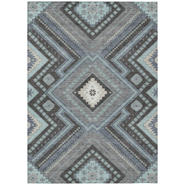 9' X 12' Pewter Charcoal And Sky Blue Tribal Washable Indoor Outdoor Area Rug