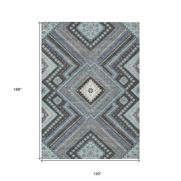 10' X 14' Pewter Charcoal And Sky Blue Tribal Washable Indoor Outdoor Area Rug