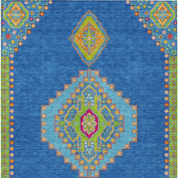 3' X 5' Denim Blue Red And Green Oriental Washable Indoor Outdoor Area Rug