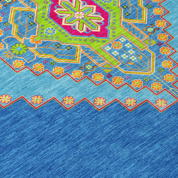10' X 14' Denim Blue Red And Green Oriental Washable Indoor Outdoor Area Rug