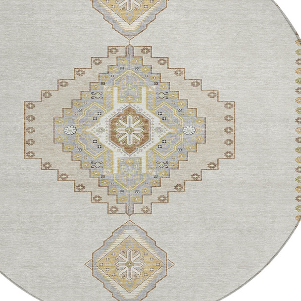 8' Ivory Gray And Brown Round Oriental Washable Indoor Outdoor Area Rug