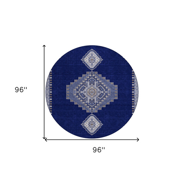 8' Navy Blue Gray And Brown Round Oriental Washable Indoor Outdoor Area Rug