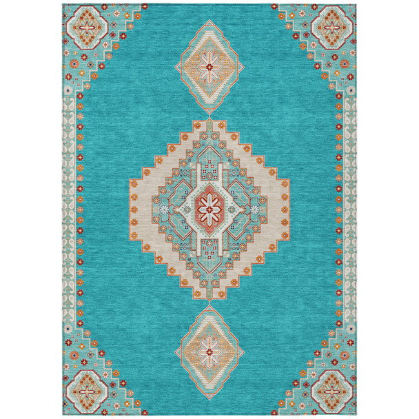 9' X 12' Teal Blue Brown And Ivory Oriental Washable Indoor Outdoor Area Rug