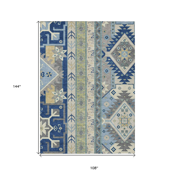9' X 12' Navy Blue Green And Gray Aztec Washable Indoor Outdoor Area Rug