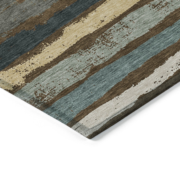 9' X 12' Brown Beige And Green Striped Washable Indoor Outdoor Area Rug