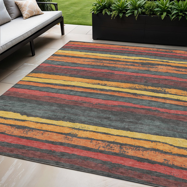 5' X 8' Granite Gray Copper And Yellow Striped Washable Indoor Outdoor Area Rug