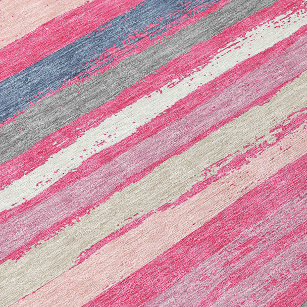10' X 14' Pink Gray And Green Striped Washable Indoor Outdoor Area Rug