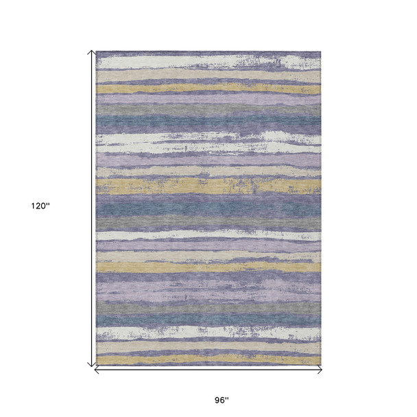 8' X 10' Purple Ivory And Beige Striped Washable Indoor Outdoor Area Rug