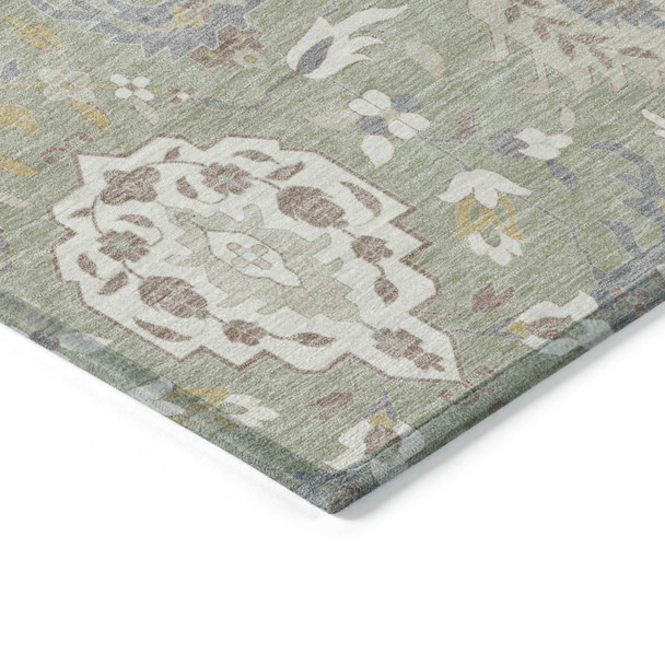 10' X 14' Artichoke Green Brown And Ivory Damask Washable Indoor Outdoor Area Rug