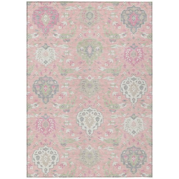 5' X 8' Pink Ivory And Gray Damask Washable Indoor Outdoor Area Rug