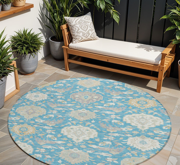 8' Teal Blue Gray And Ivory Round Damask Washable Indoor Outdoor Area Rug