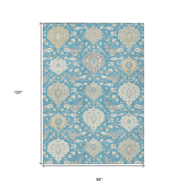 8' X 10' Teal Blue Gray And Ivory Damask Washable Indoor Outdoor Area Rug