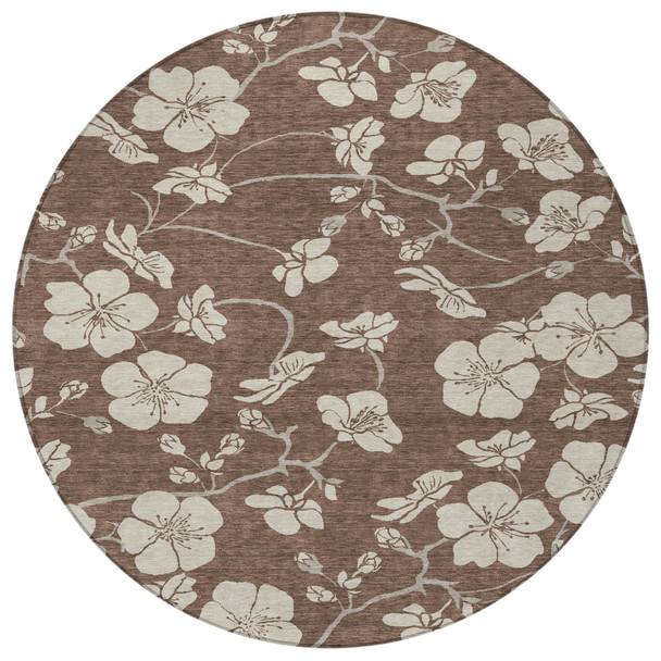 8' Brown And Beige Round Floral Washable Indoor Outdoor Area Rug