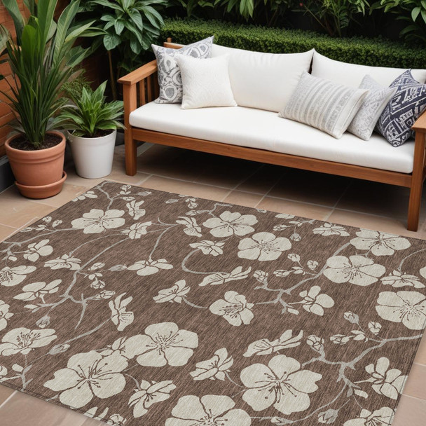 9' X 12' Brown And Beige Floral Washable Indoor Outdoor Area Rug