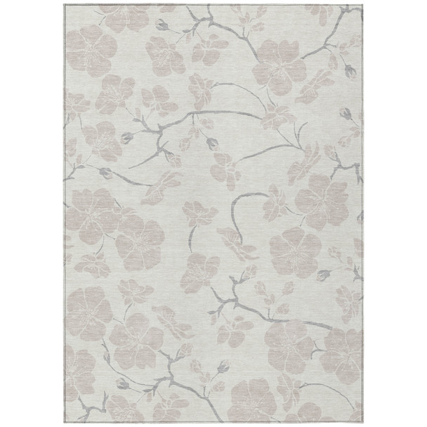 8' X 10' Ivory And Gray Floral Washable Indoor Outdoor Area Rug
