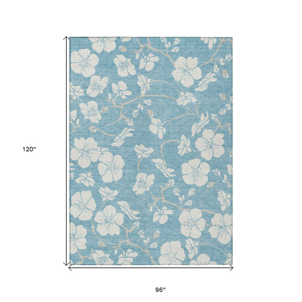 8' X 10' Sky Blue And Ivory Floral Washable Indoor Outdoor Area Rug