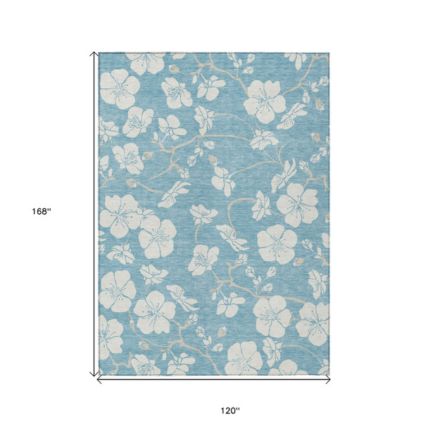 10' X 14' Sky Blue And Ivory Floral Washable Indoor Outdoor Area Rug