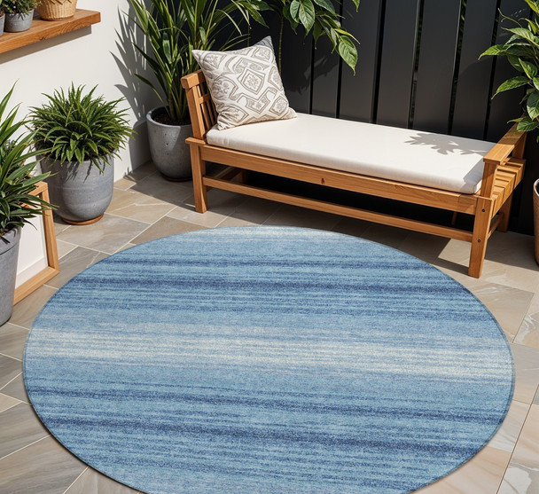 8' Blue And Ivory Round Abstract Washable Indoor Outdoor Area Rug